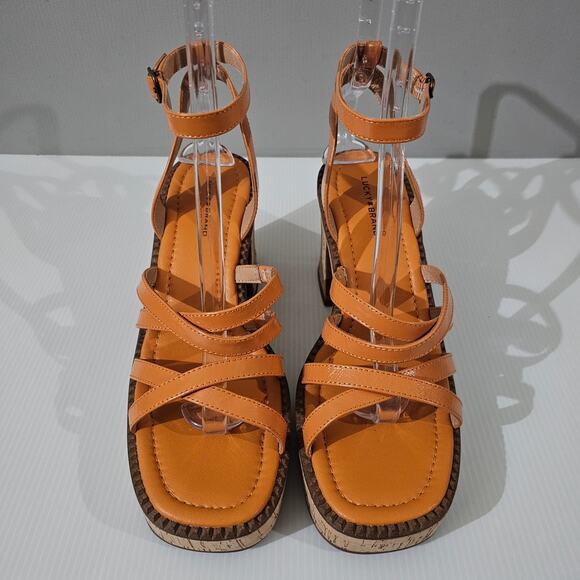 Lucky Brand Taiza Platform Sandal Womens 10 Orange Leather Cork Block Heel NEW - Picture 4 of 12